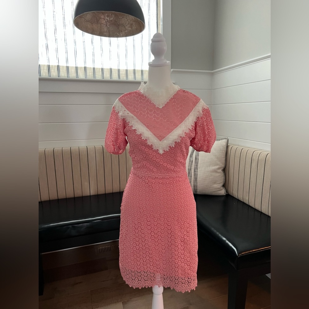 Sandro Gavin Two-Tone Puff-Sleeve Lace Dress - NWT